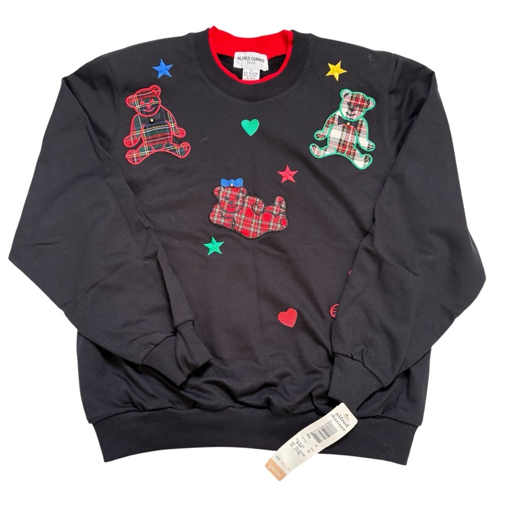 VTG Alfred Dunner Black with Teddy Bear Appliqué sweatshirt medium petite